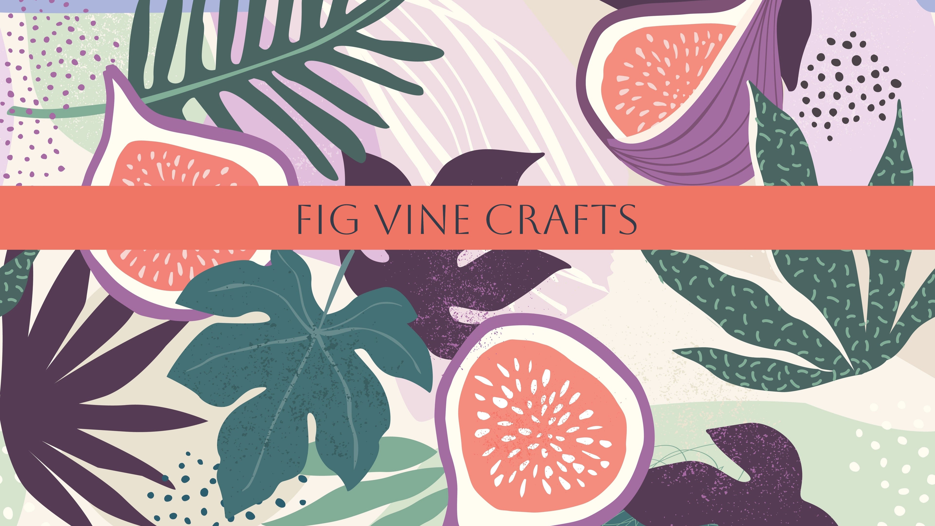 Design with figs and leaves and 'Fig Vine Crafts' text on a colorful background