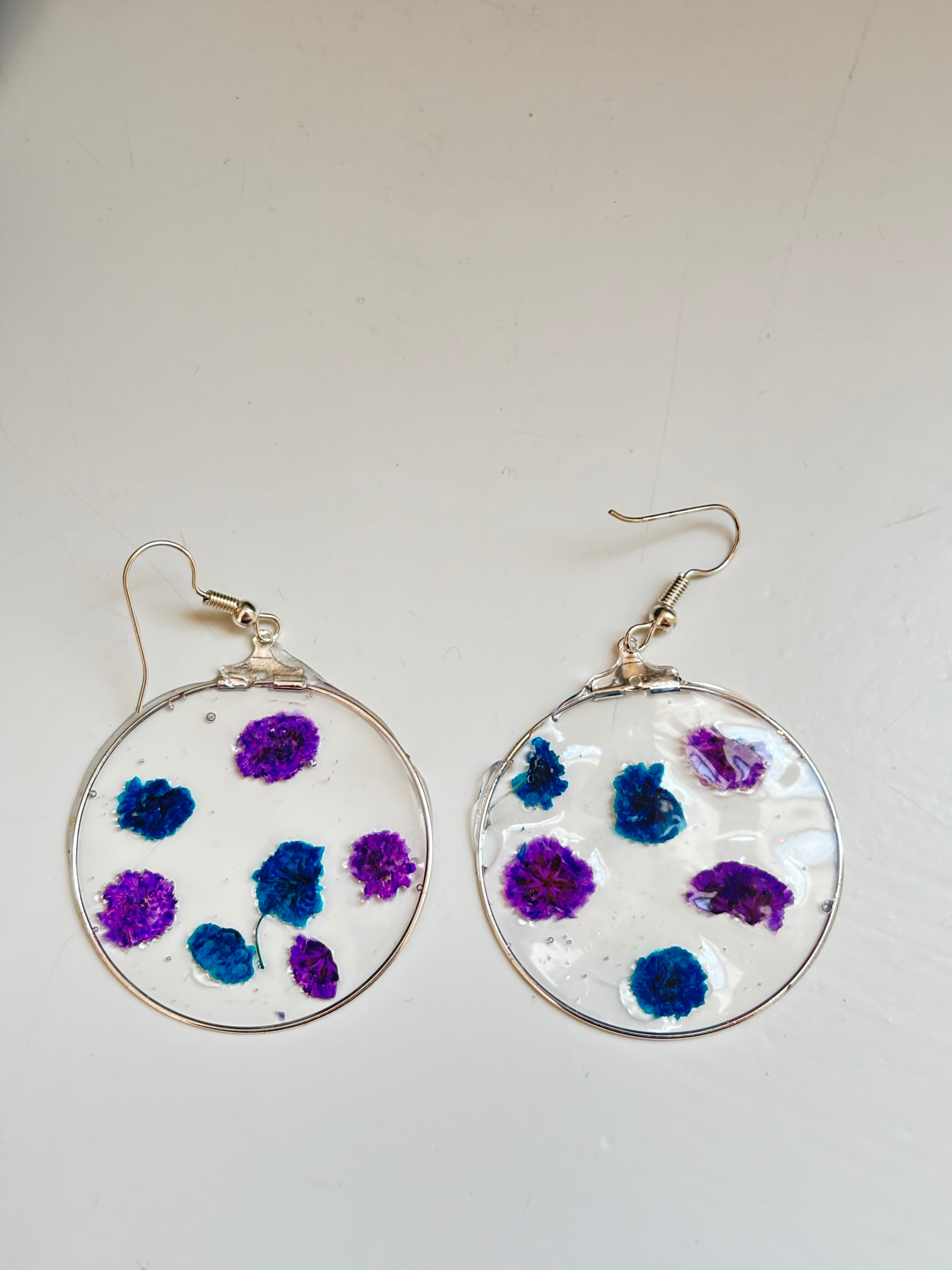 Dark Blue and Purple Flower Earrings