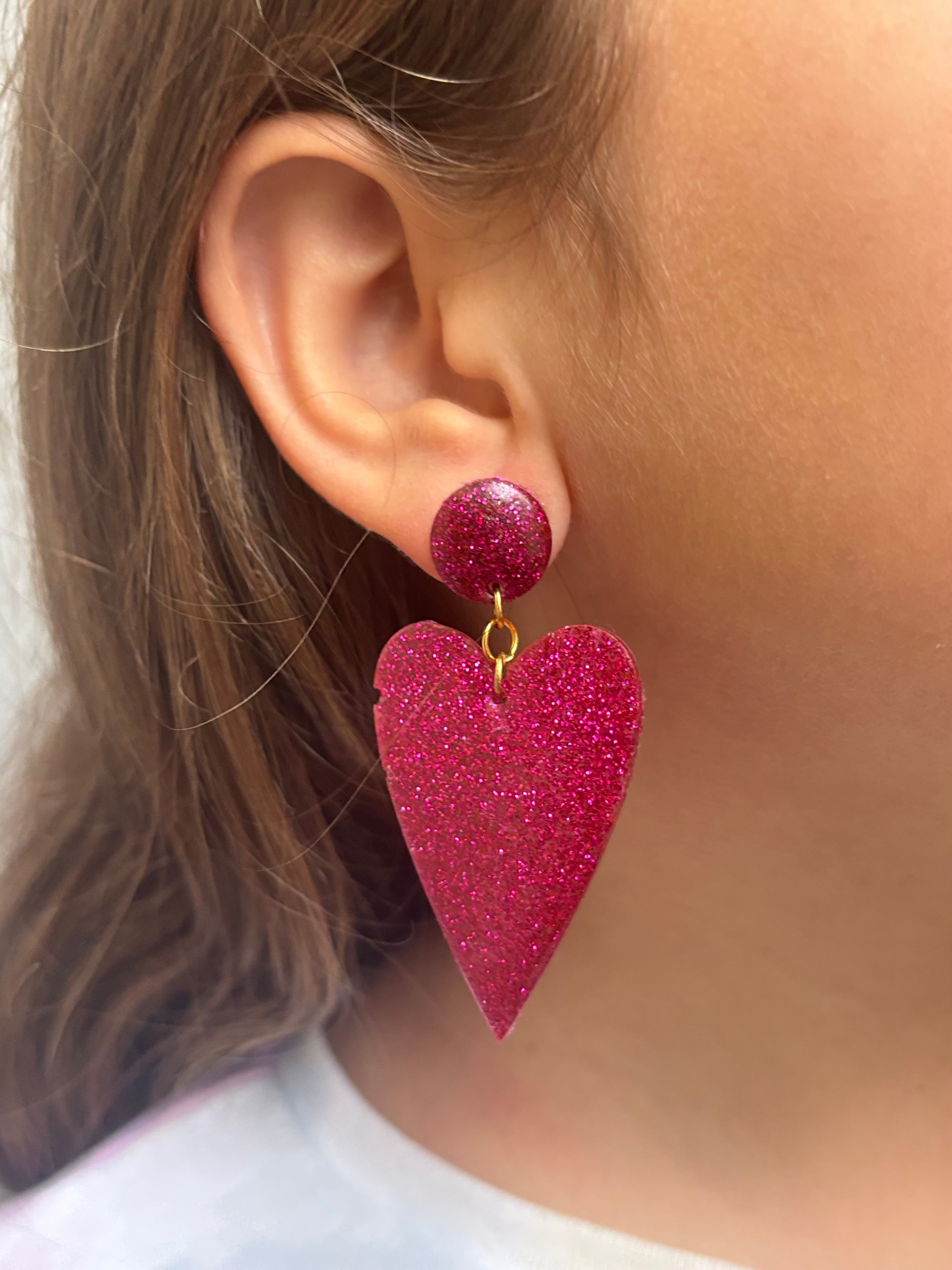 Valentine's Heart Earrings (Dark Pink- Glitter)
