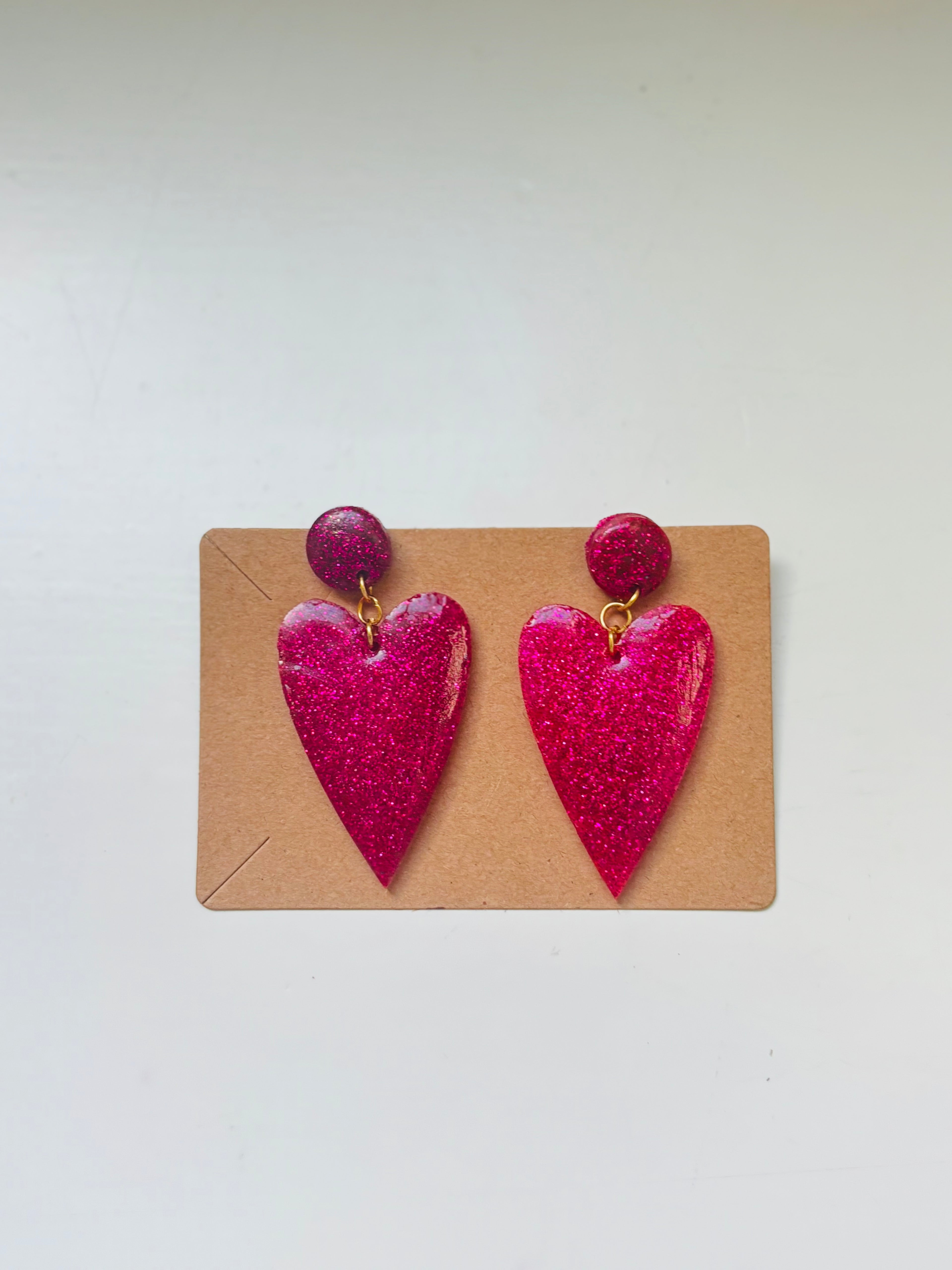 Valentine's Heart Earrings (Dark Pink- Glitter)