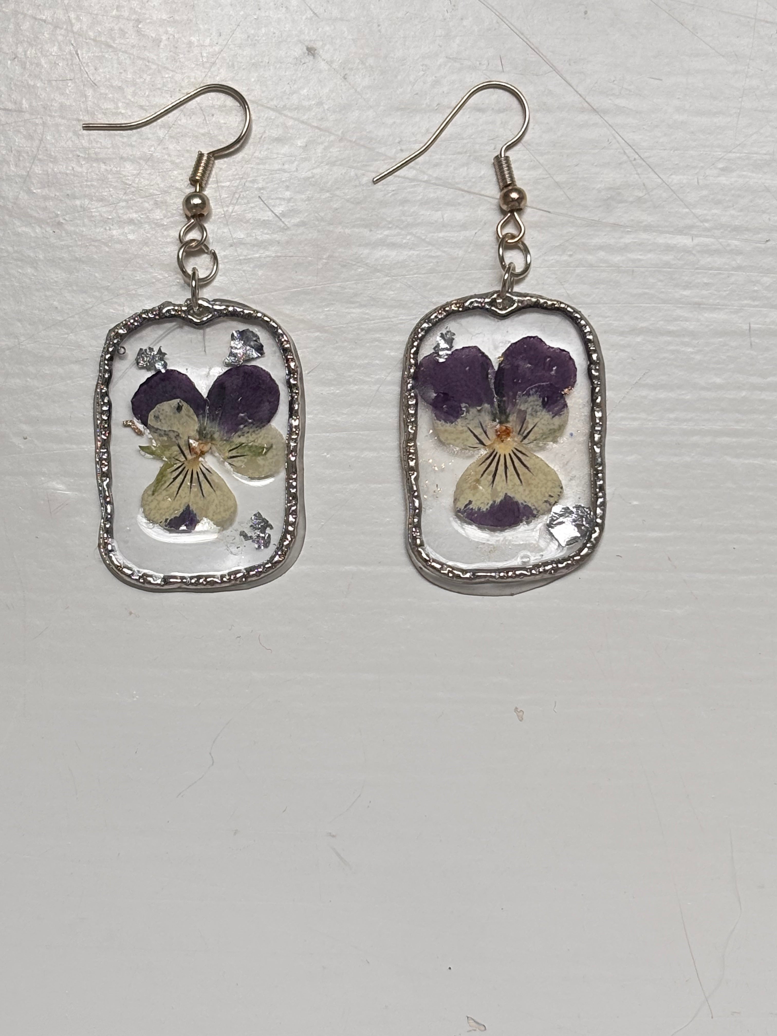 Purple and White Rectangular Flower Earrings