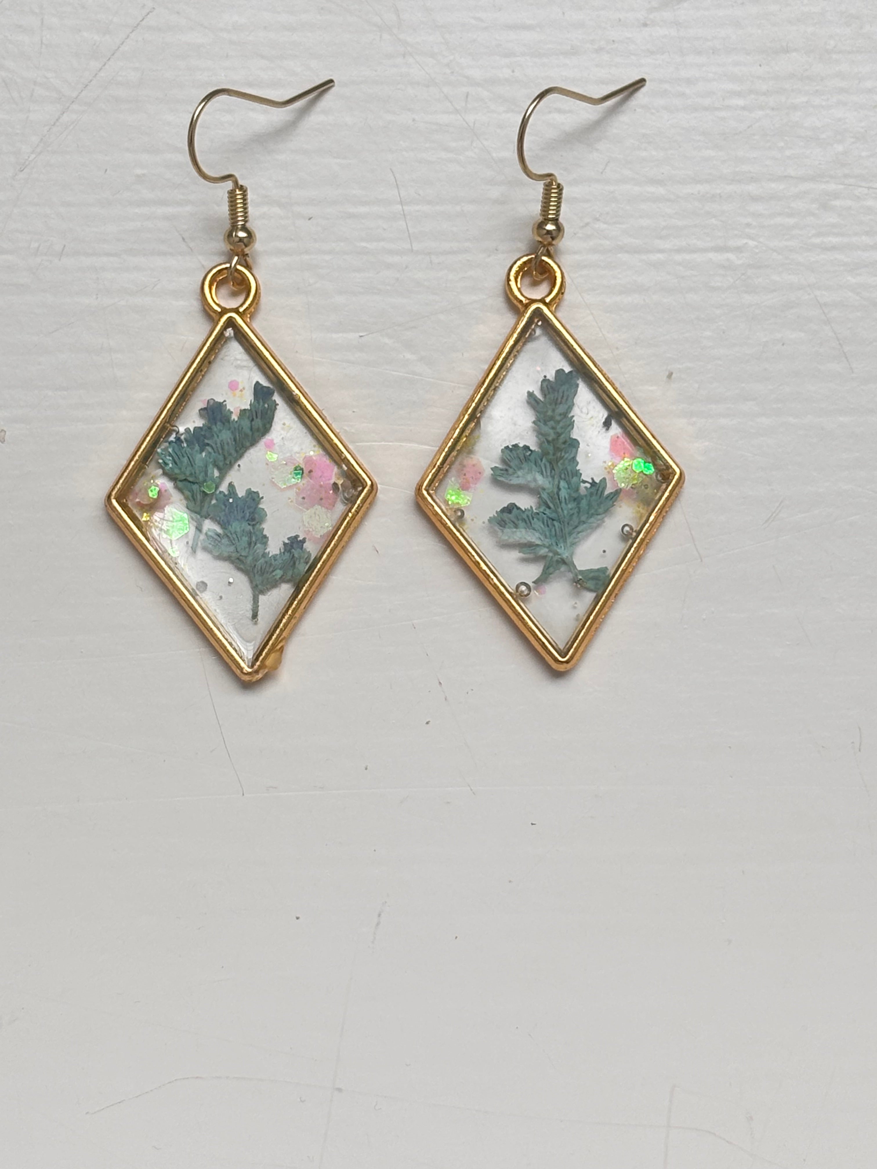 Light Blue and Gold Dimond-Shaped Flower Earrings