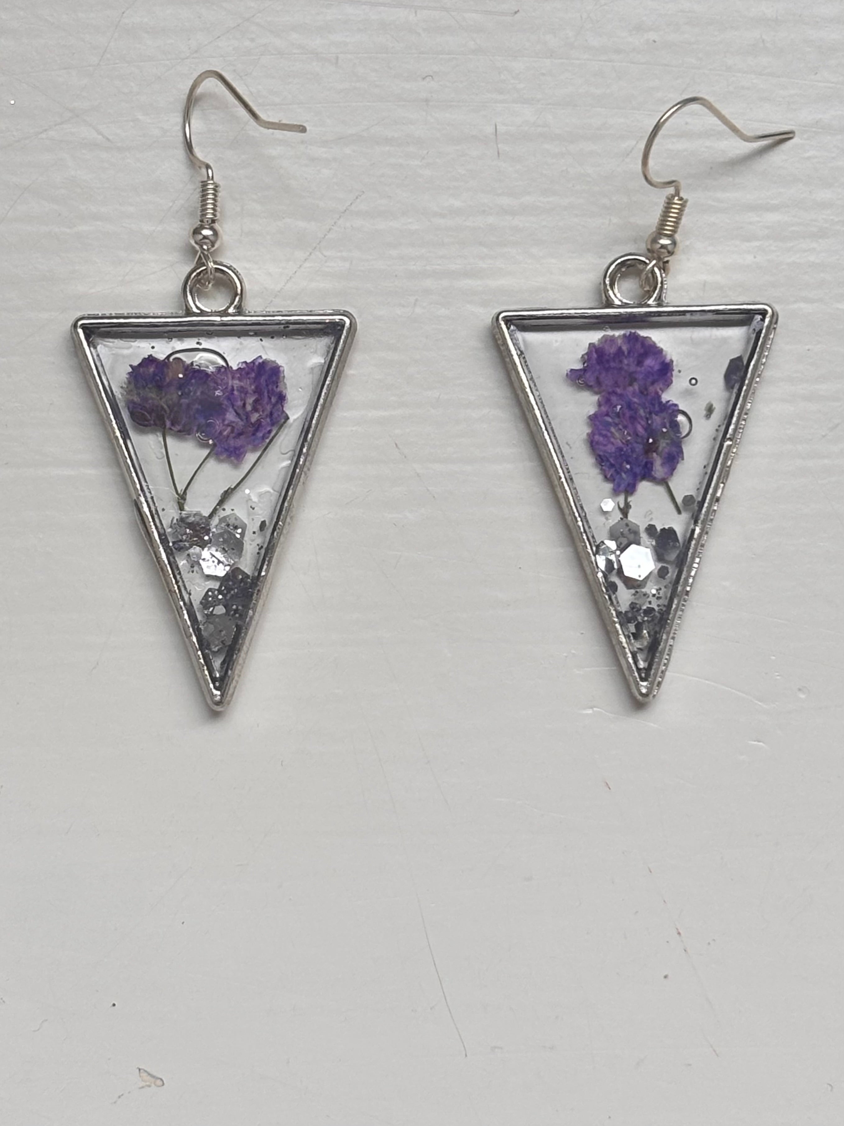 Purple And Silver Flower Earrings (Triangular-Shaped)